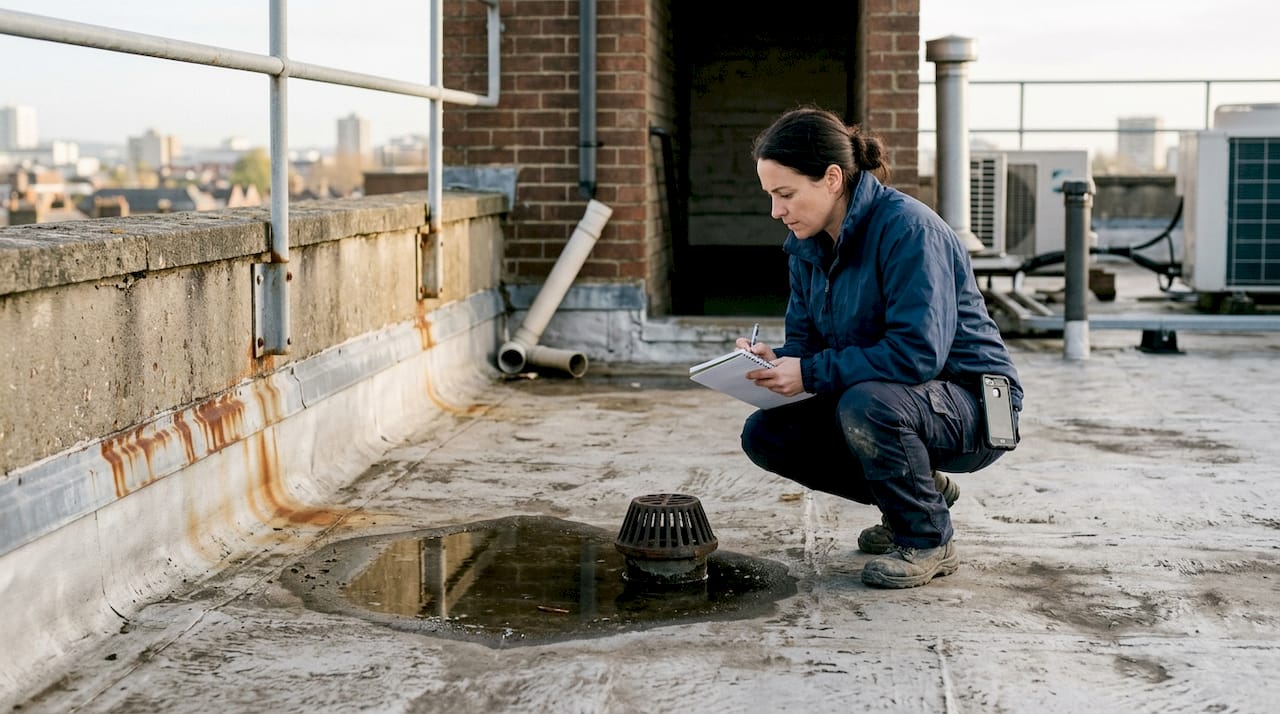 Building manager checks roof for water problems