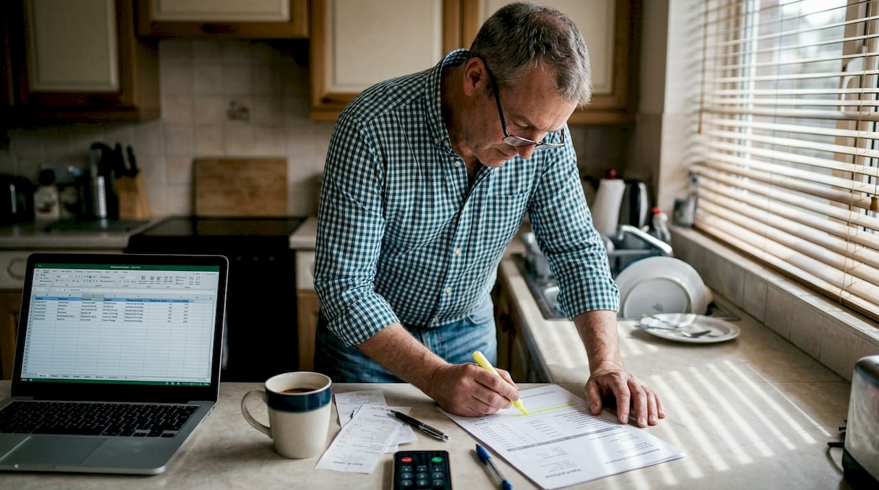 Manager reviewing contractor invoice at kitchen counter