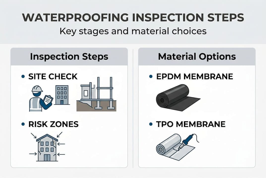 Infographic showing waterproofing inspection steps and materials