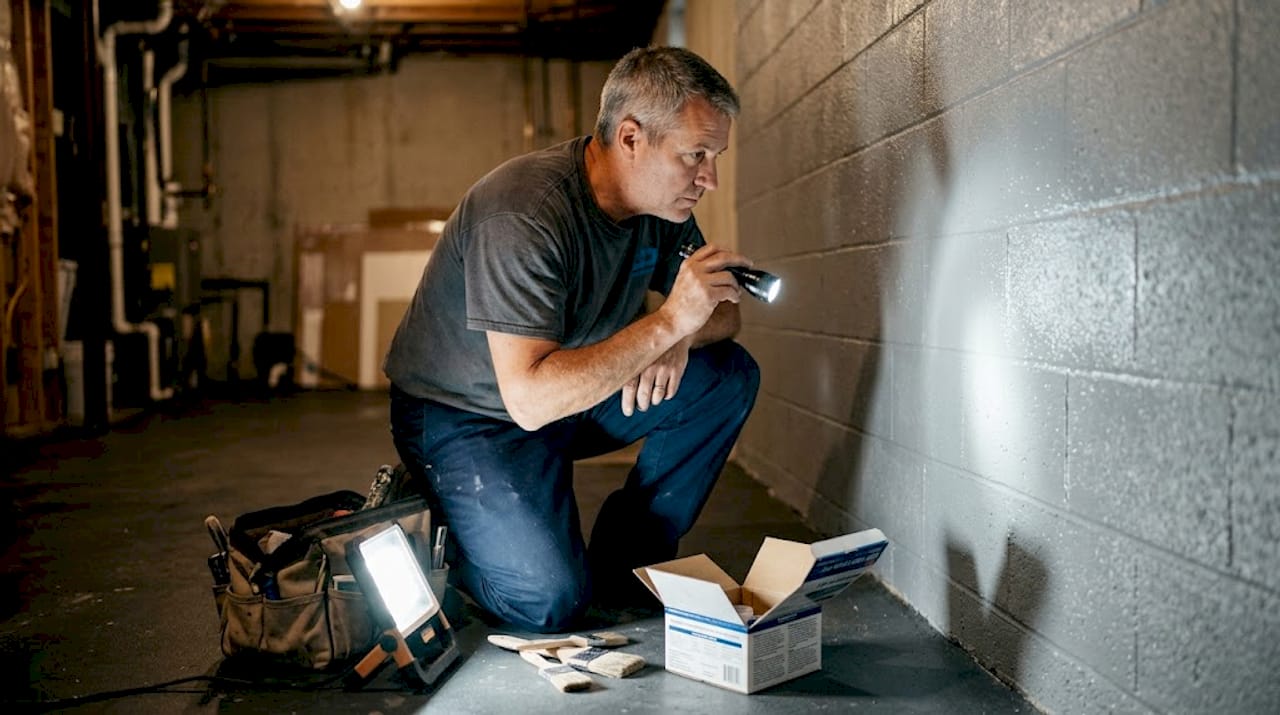 Technician inspecting epoxy on basement wall