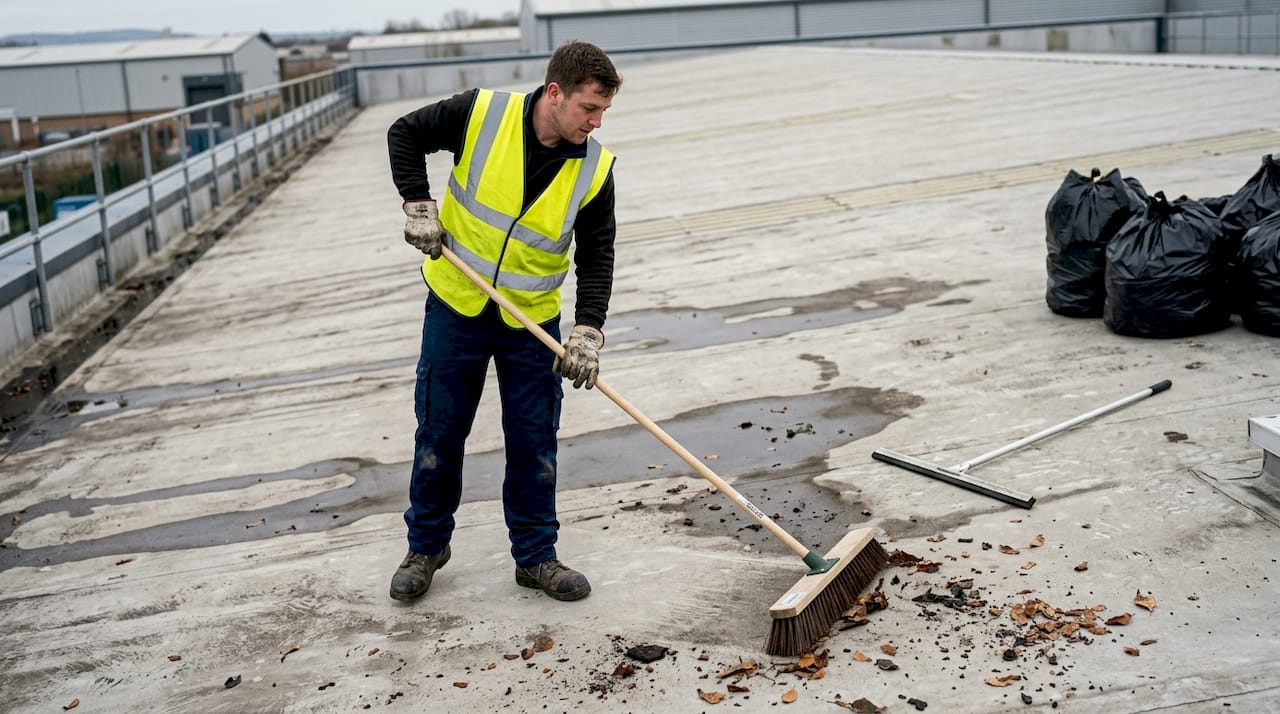 Worker sweeping debris from industrial roof