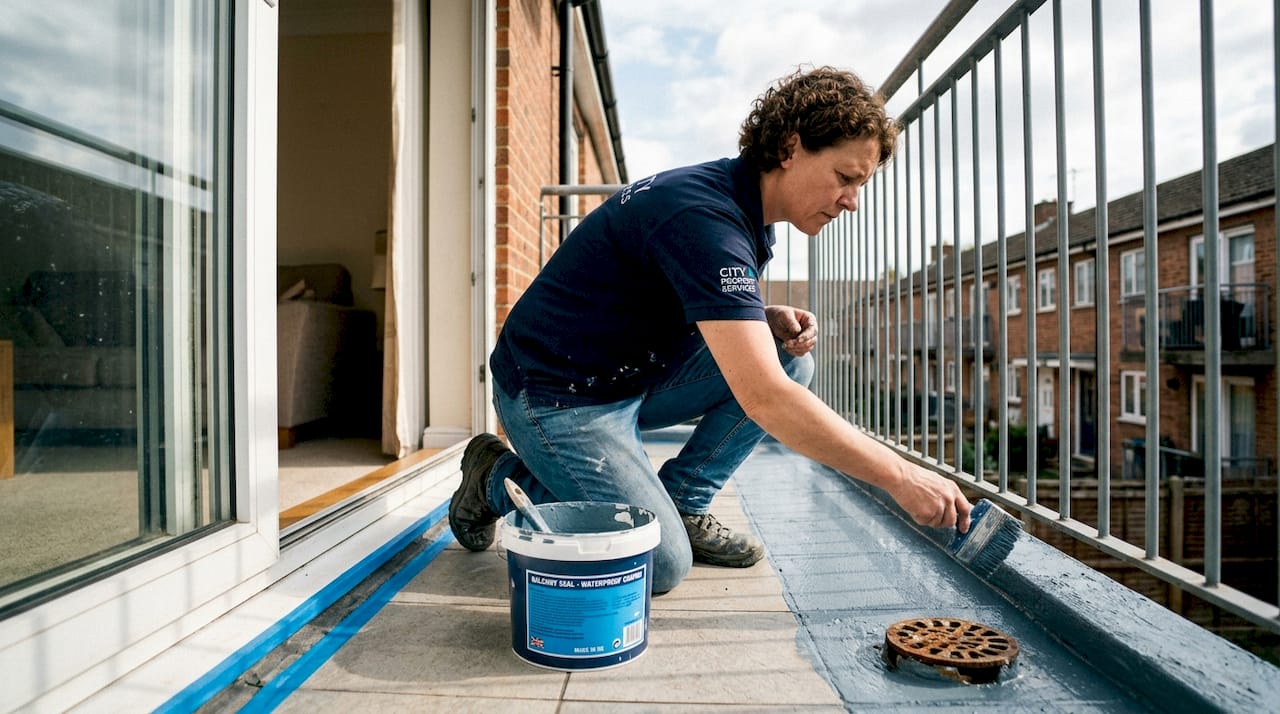 Worker waterproofing tiled apartment balcony