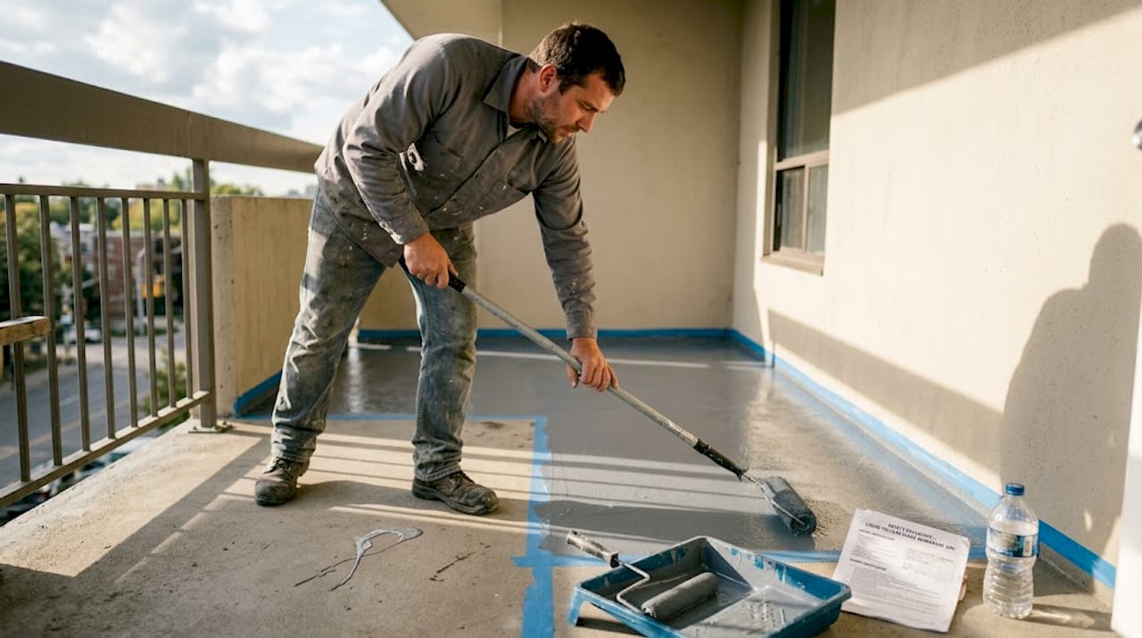 Worker applying polyurethane membrane to concrete balcony