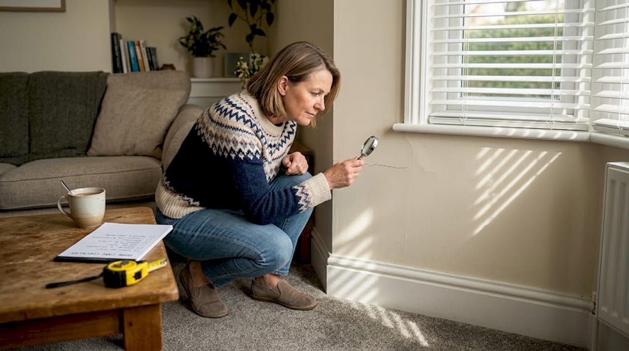 Homeowner inspecting wall crack for moisture