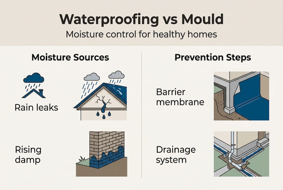 Infographic showing waterproofing and mould prevention steps