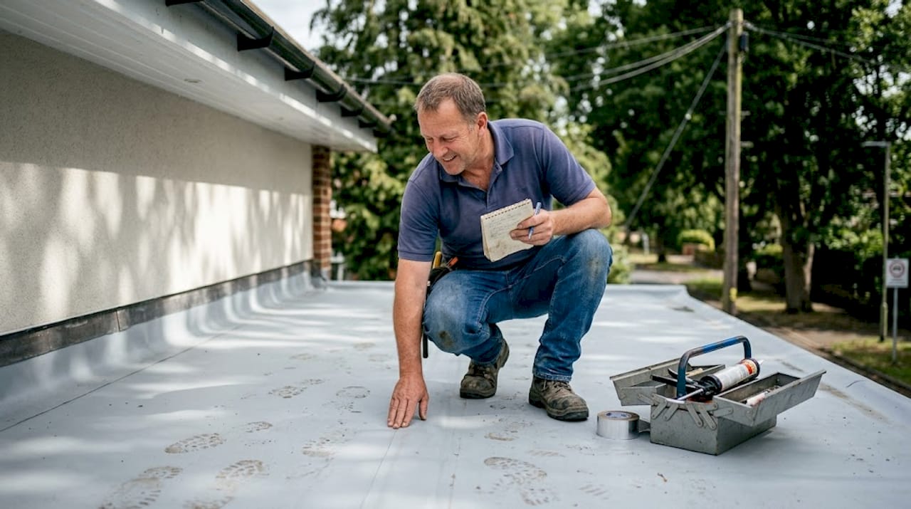 Homeowner inspecting waterproofed residential roof