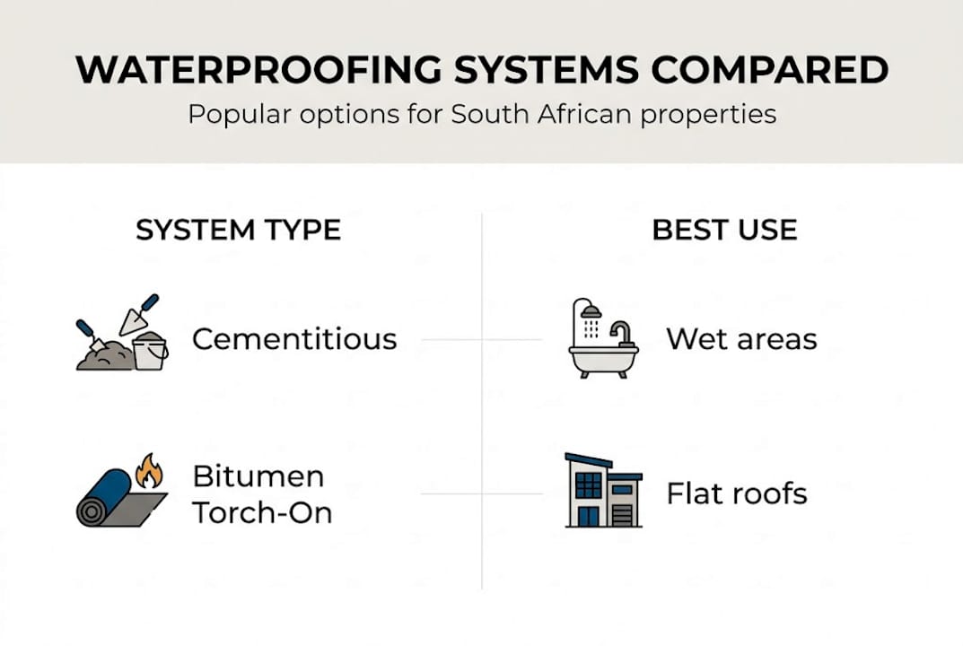 Infographic comparing waterproofing systems and uses