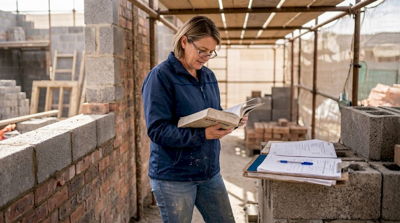 Property owner reviews SANS 10400 manual outdoors