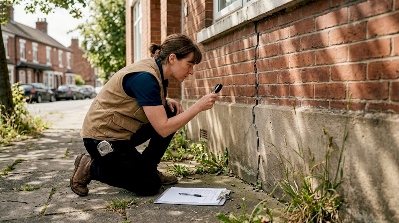 Inspector assessing foundation crack outdoors