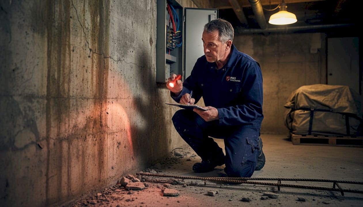 Worker inspects concrete wall water seepage