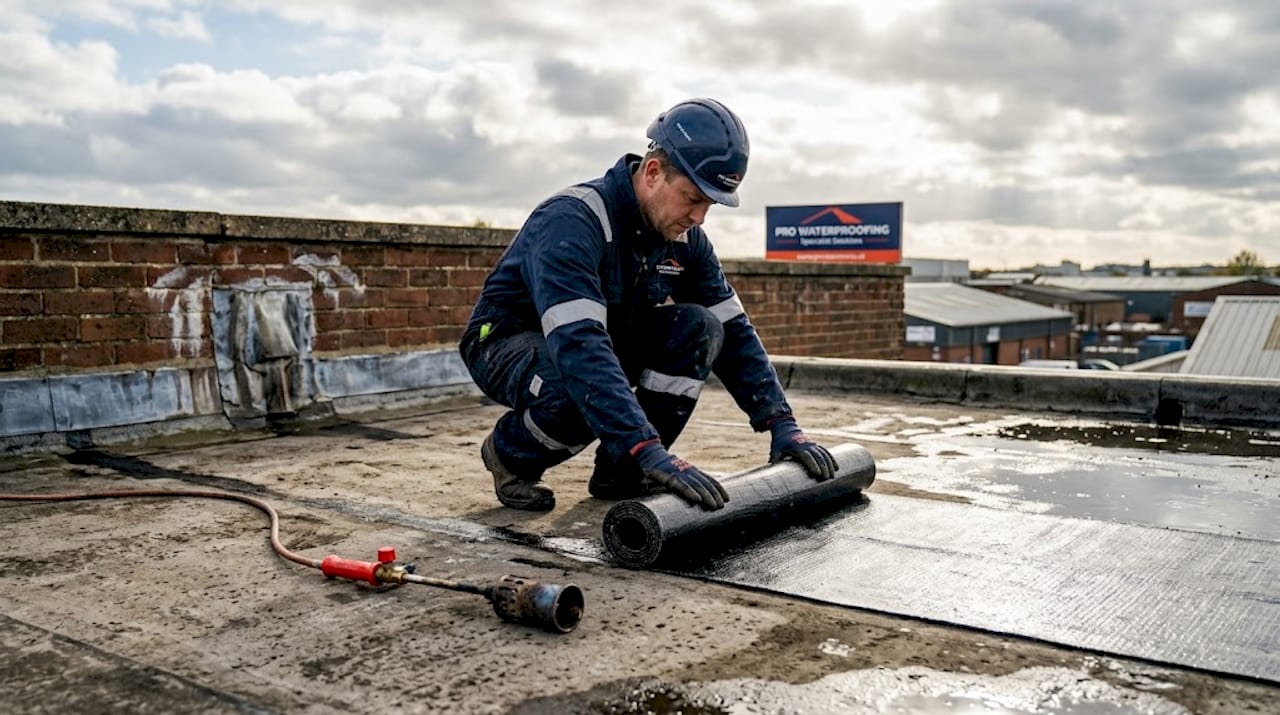 Worker applies torch-on membrane on flat roof