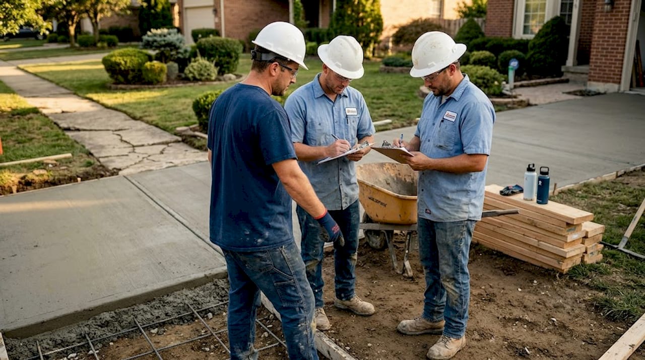 Concrete workers reviewing plans on site