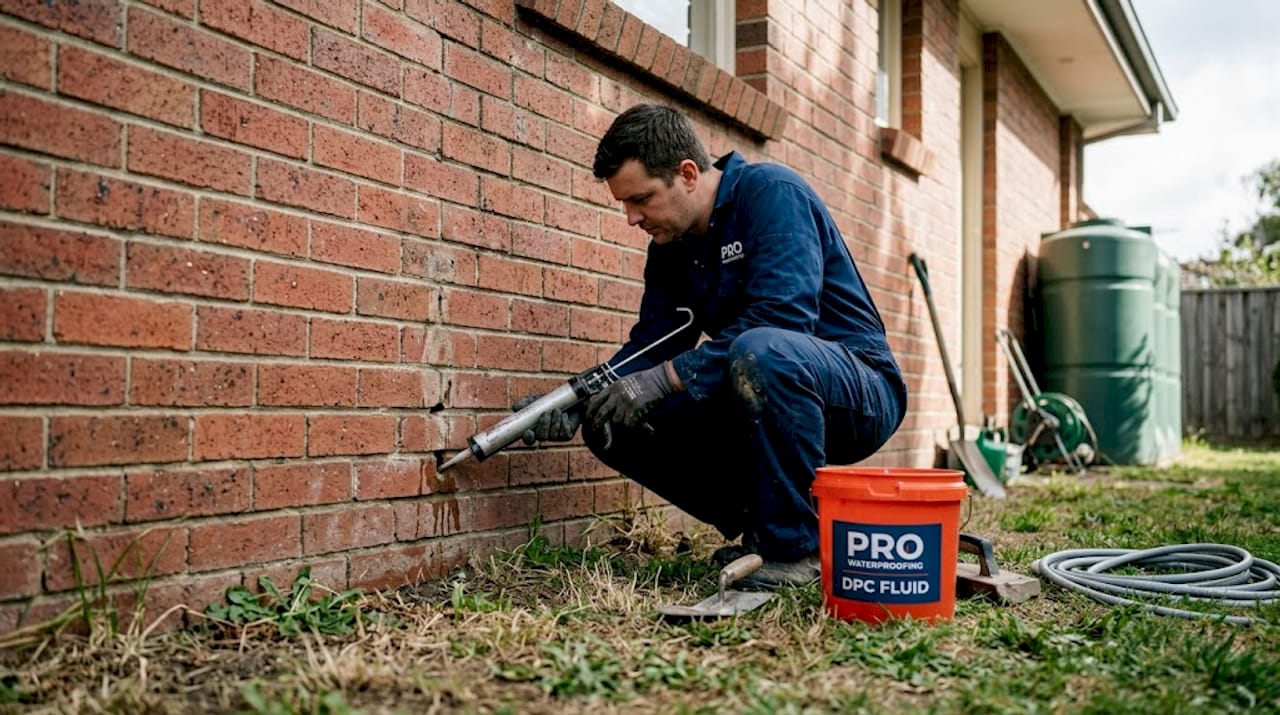 Contractor injecting damp-proofing in exterior wall