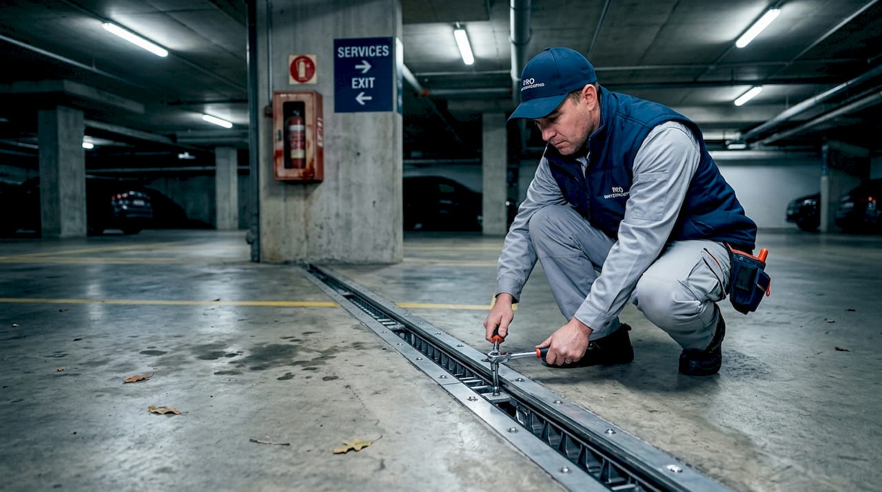 Worker maintaining waterproof joint in parking garage
