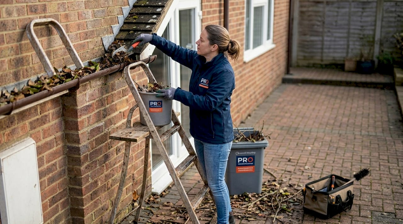 Woman cleaning leaves from home gutter
