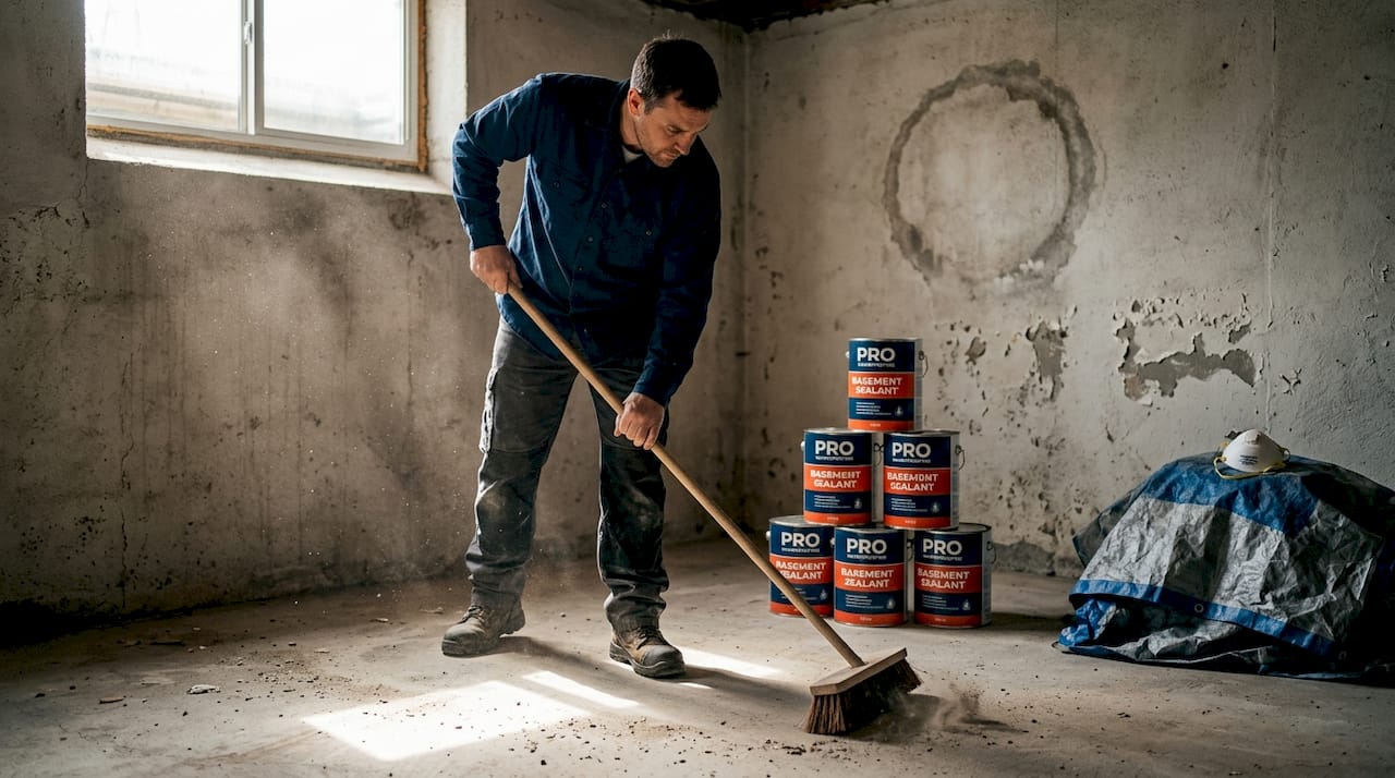 Worker preparing basement for waterproofing