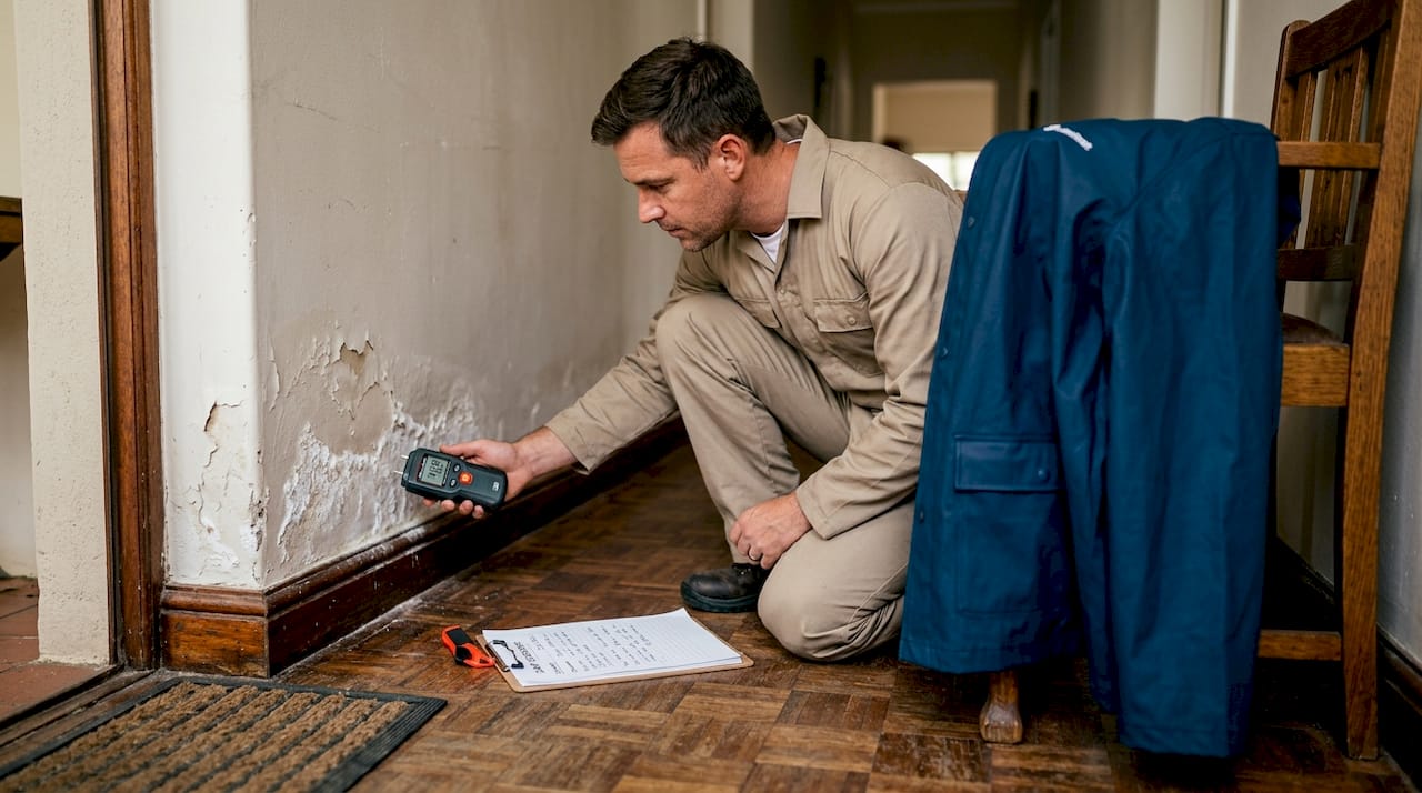Inspector tests rising damp on old wall