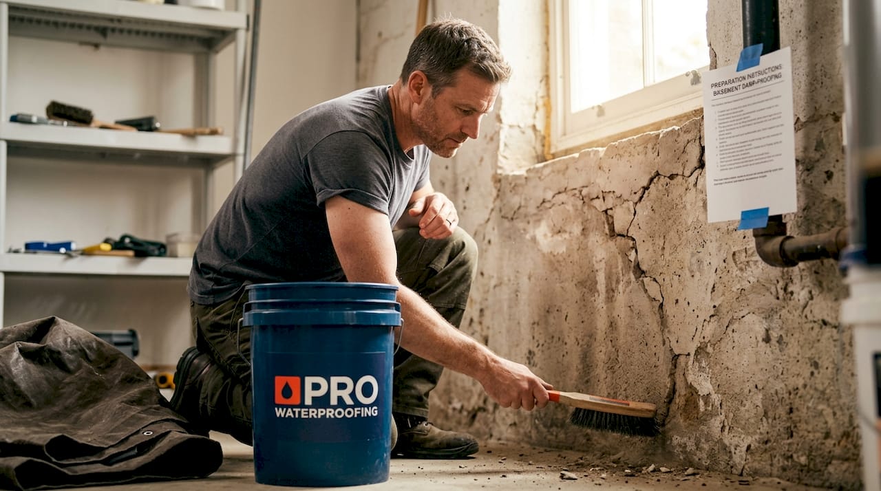 Contractor prepping basement wall for waterproofing