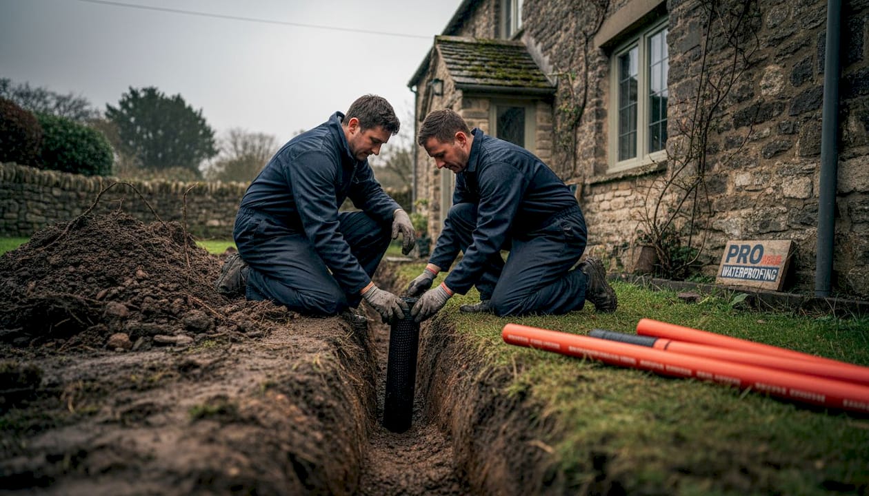 Contractors installing French drain pipe