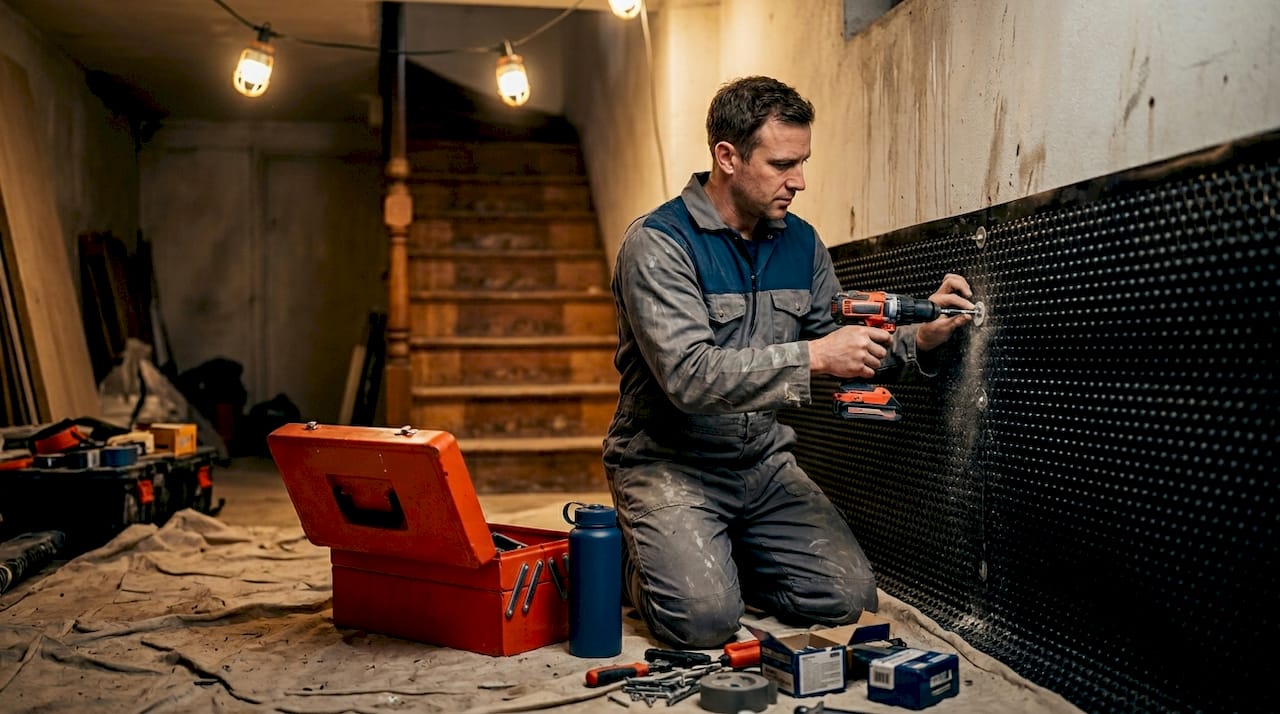 Technician installs cavity drain basement wall