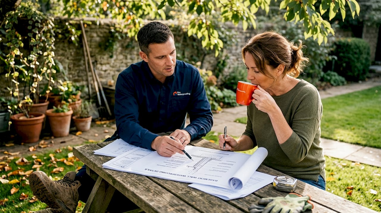 Homeowner consulting with waterproofing contractor