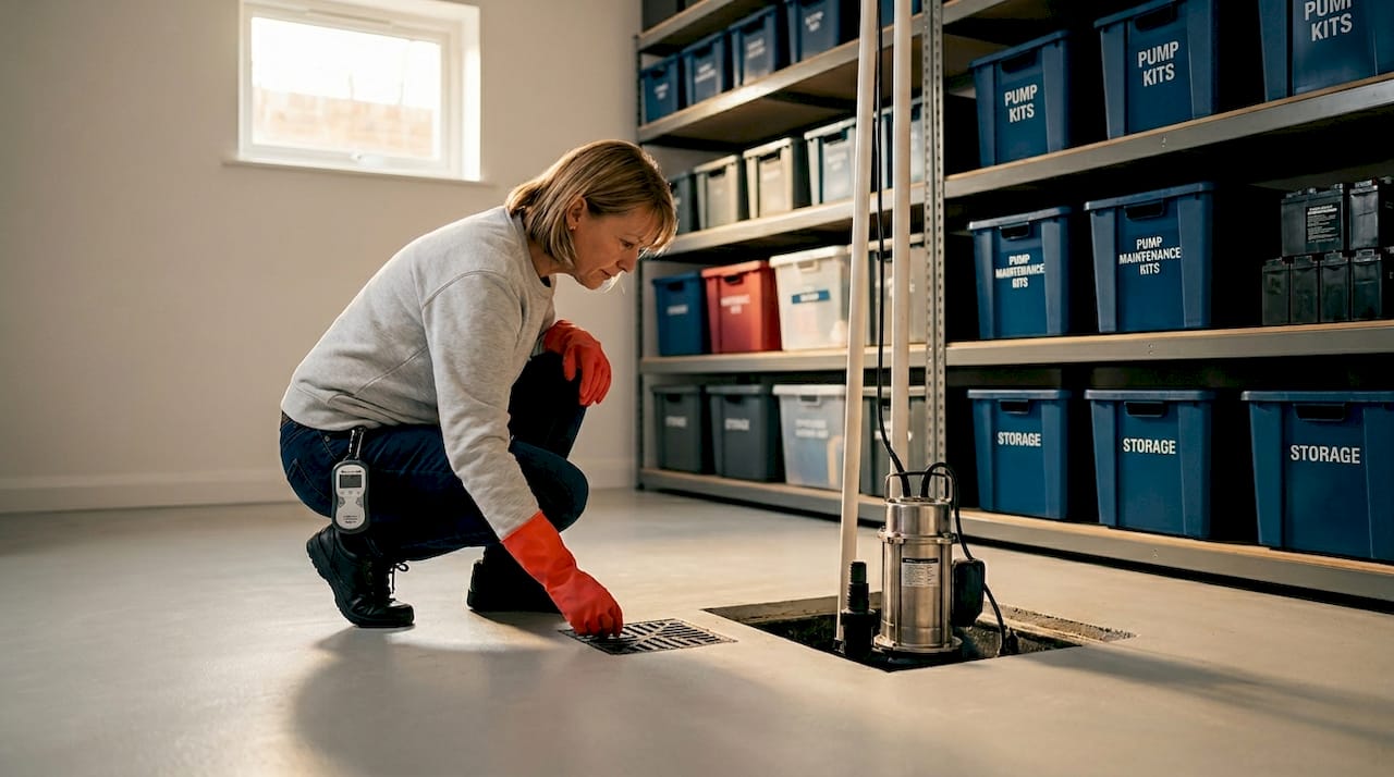 Homeowner maintaining waterproofed basement equipment