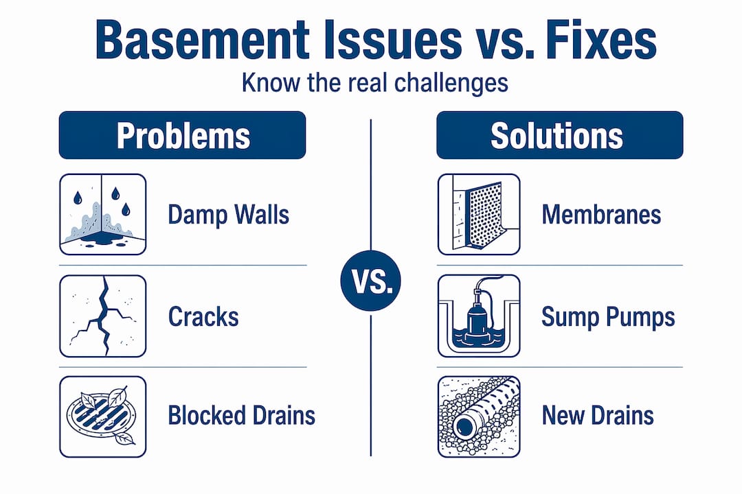 Infographic comparing basement problems and solutions