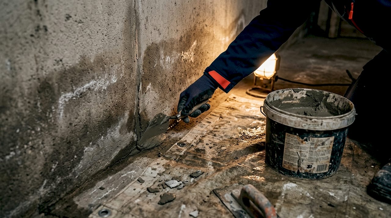 Hands sealing crack with hydraulic cement