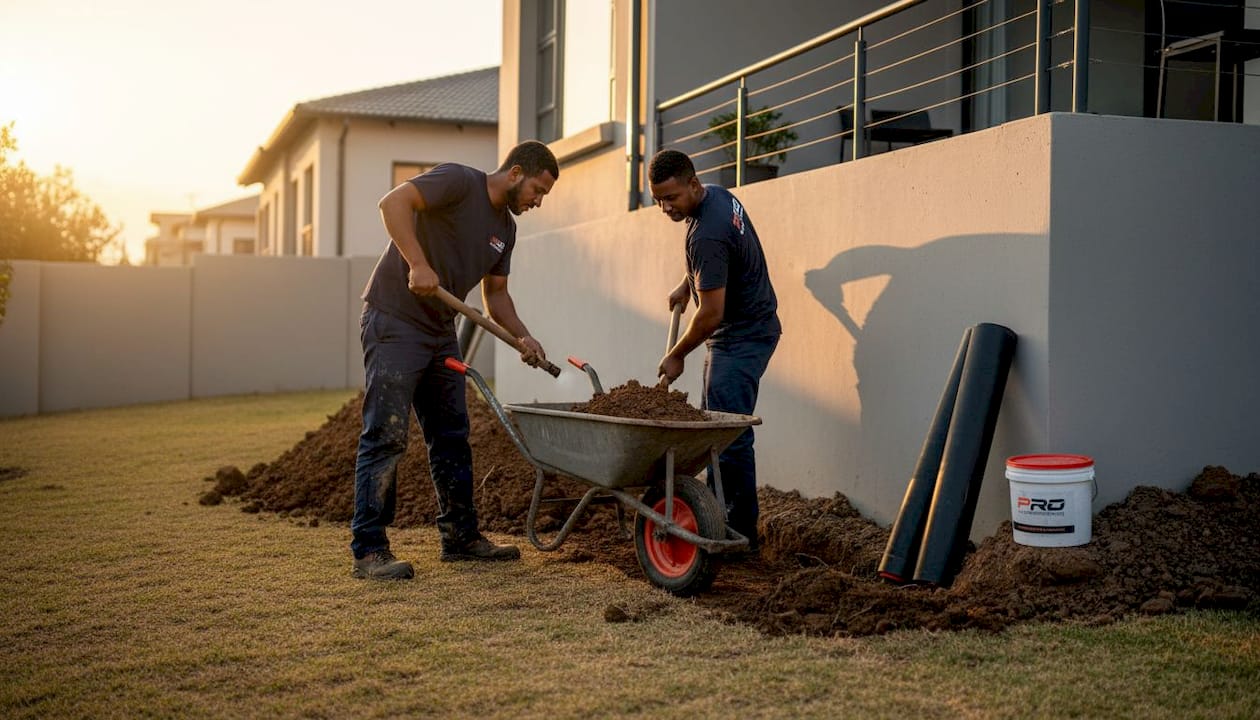 Workers excavating for waterproofing next to home