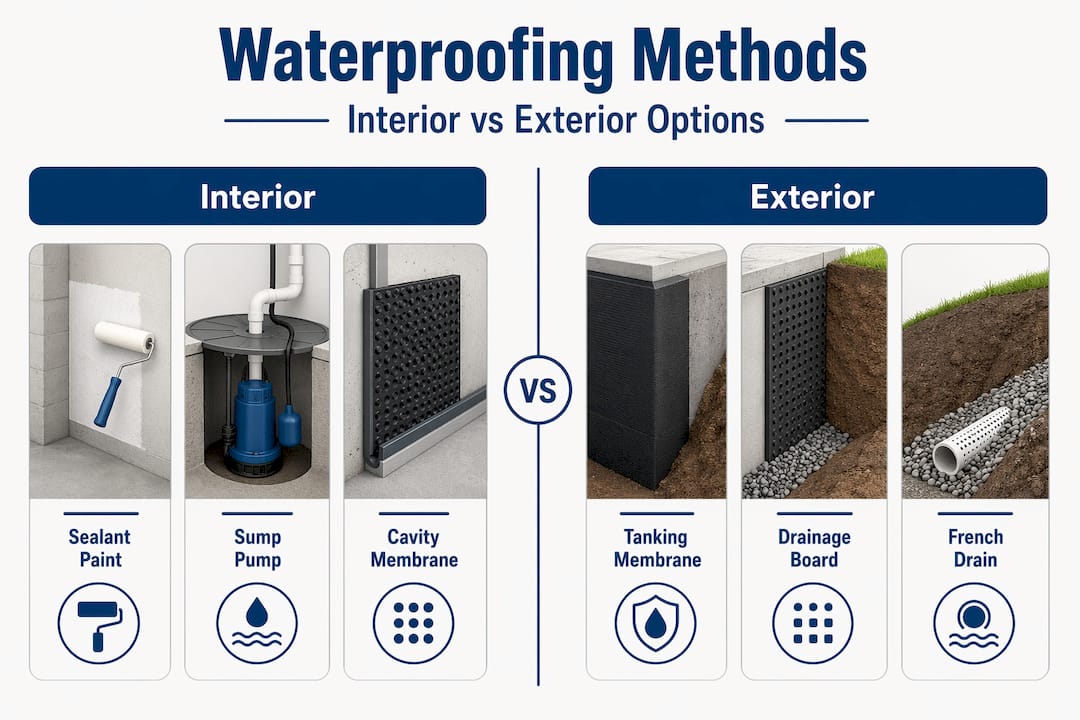 Infographic comparing interior and exterior waterproofing methods
