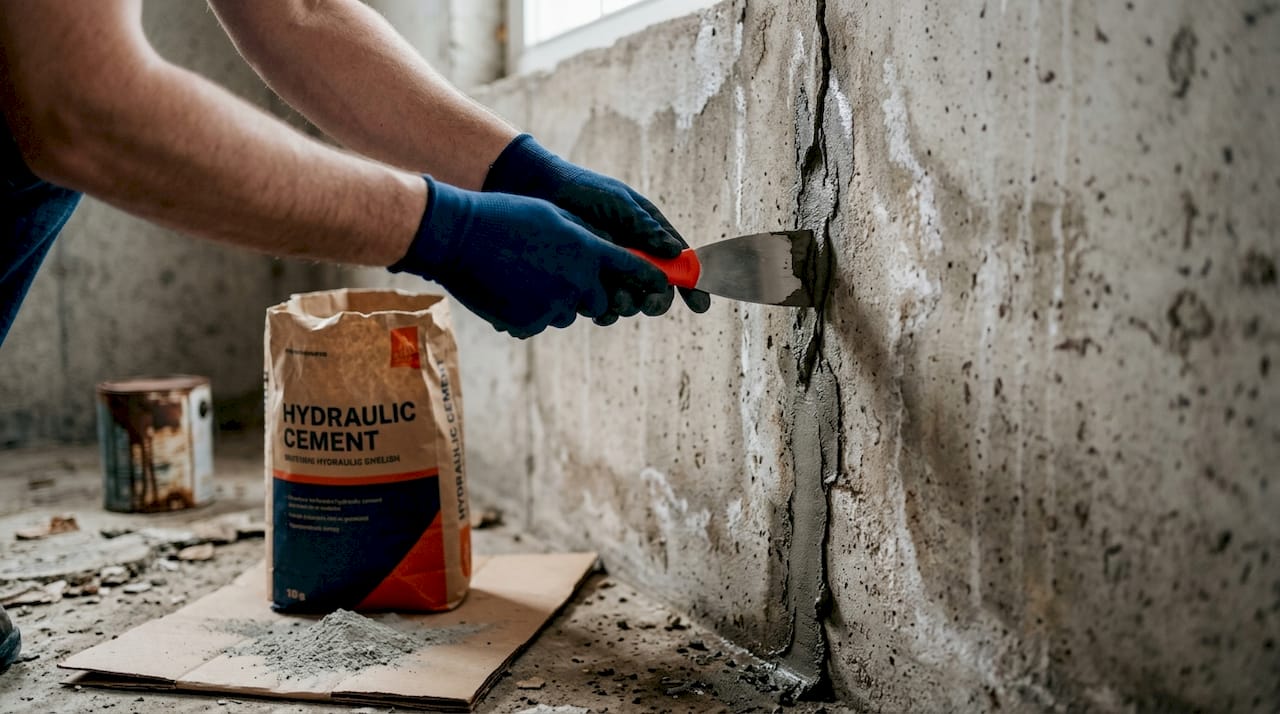 Hands applying hydraulic cement in basement crack