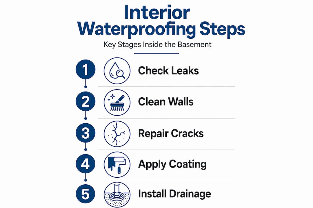 Infographic with step-by-step basement waterproofing process