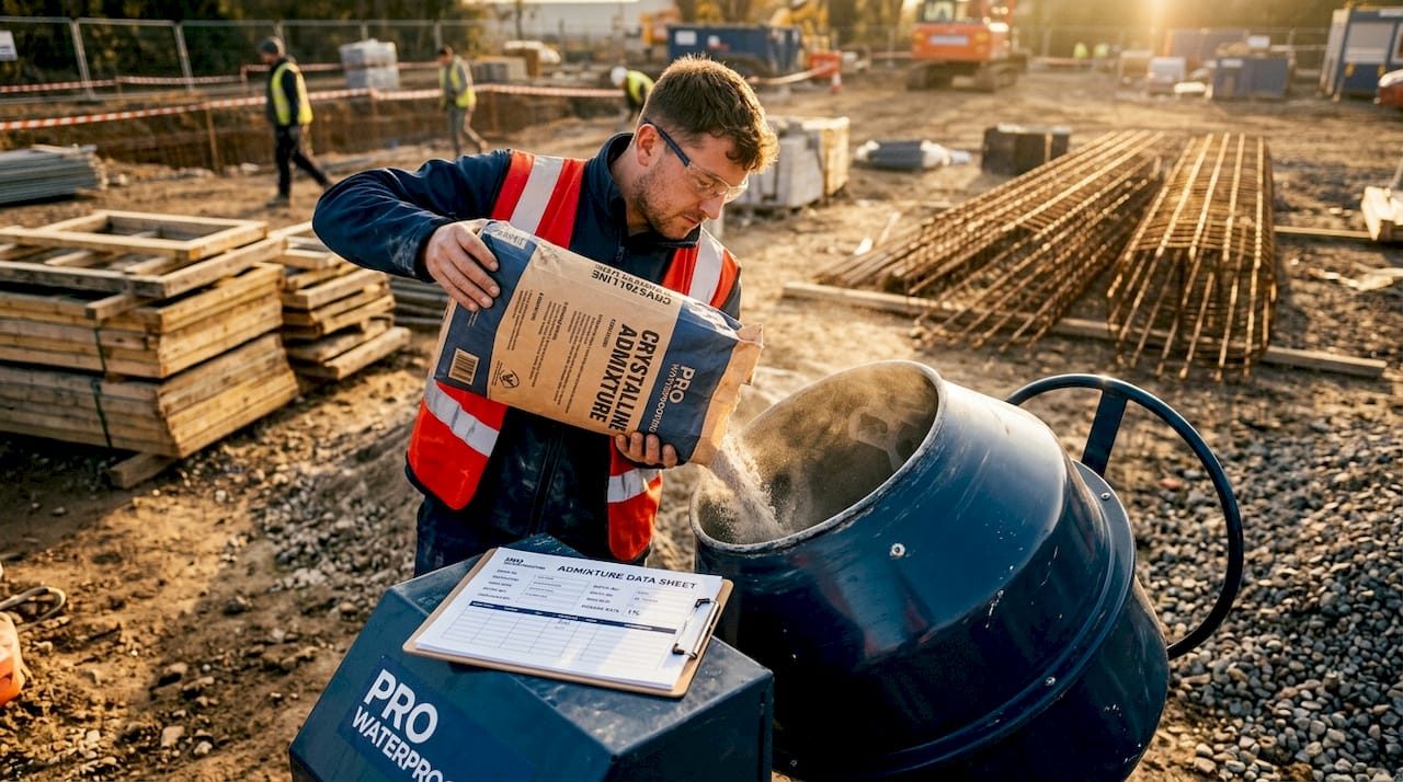 Technician adding waterproof admixture to concrete mixer