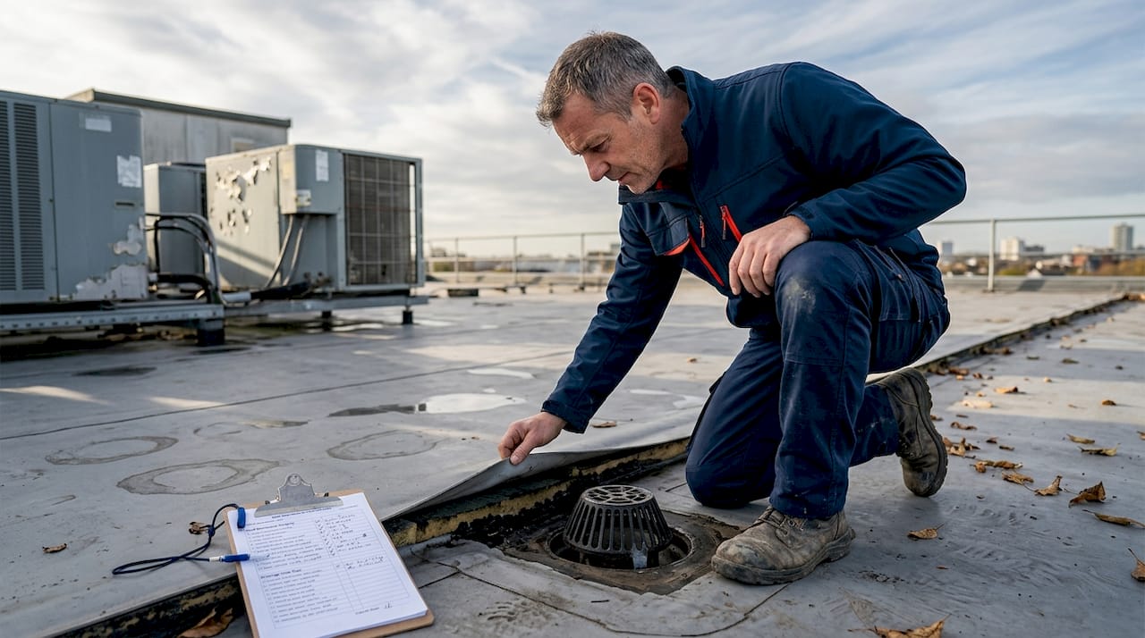Supervisor checks membrane near flat roof drain