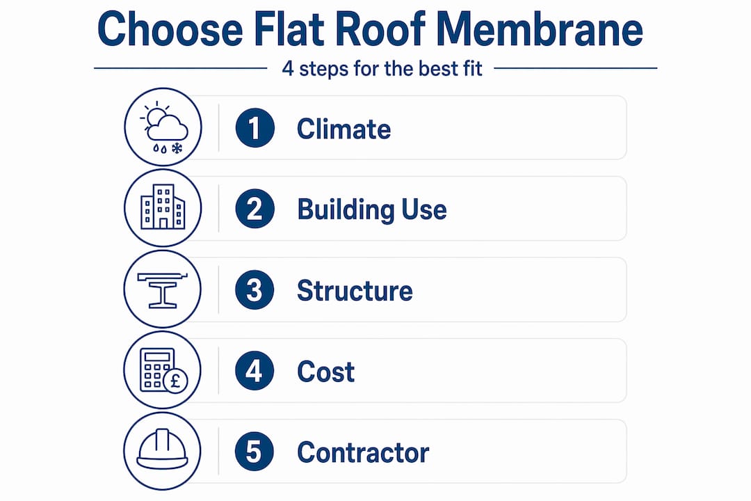 Infographic showing five steps to choose flat roof membrane