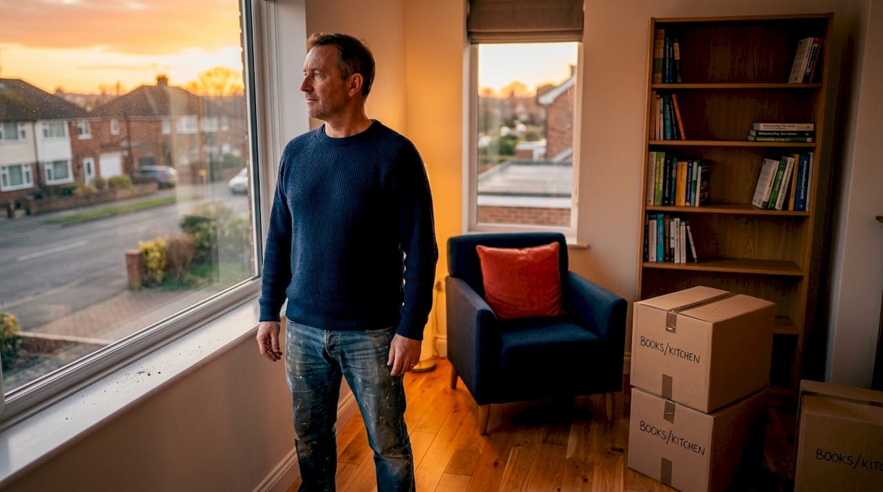 Property owner assessing renovated living room