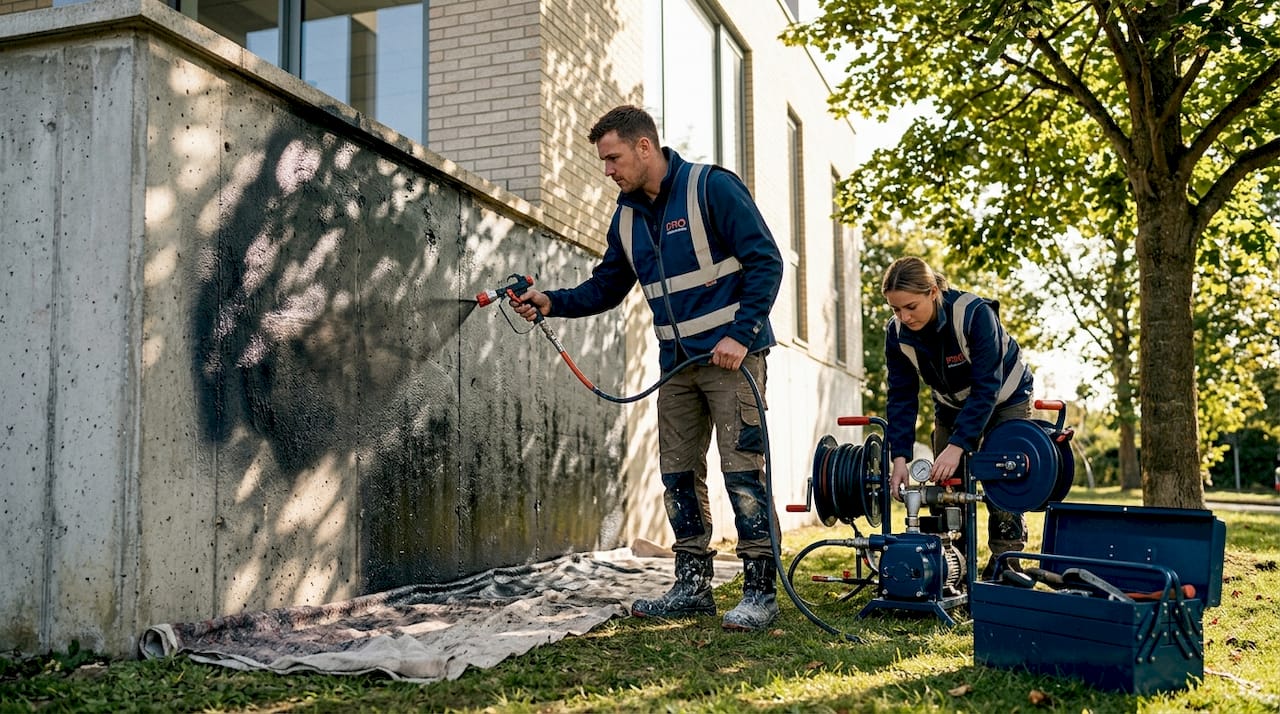 Crew spraying liquid waterproofing on concrete wall