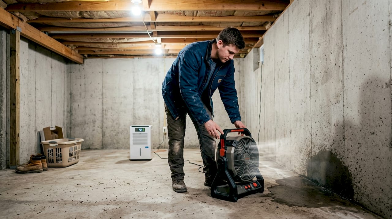 Fan and dehumidifier drying wet basement floor