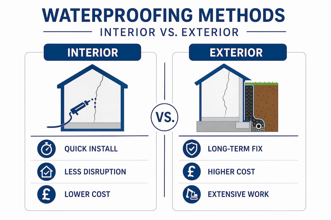 Infographic comparing interior and exterior waterproofing