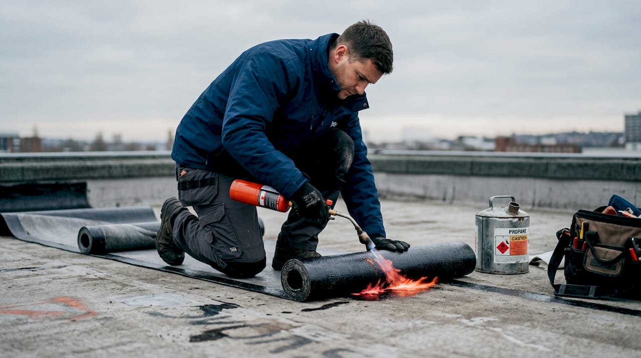 Torch-on application of roofing membrane