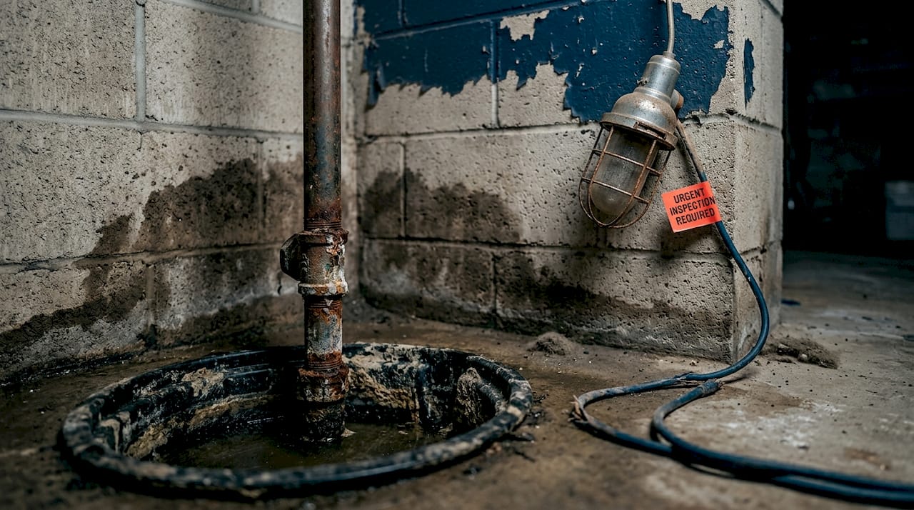 Damaged sump pit with structural deterioration