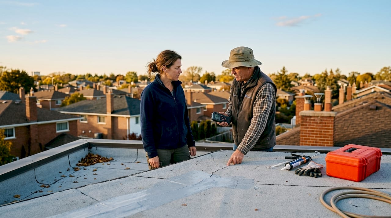 Homeowner and inspector check acrylic coating