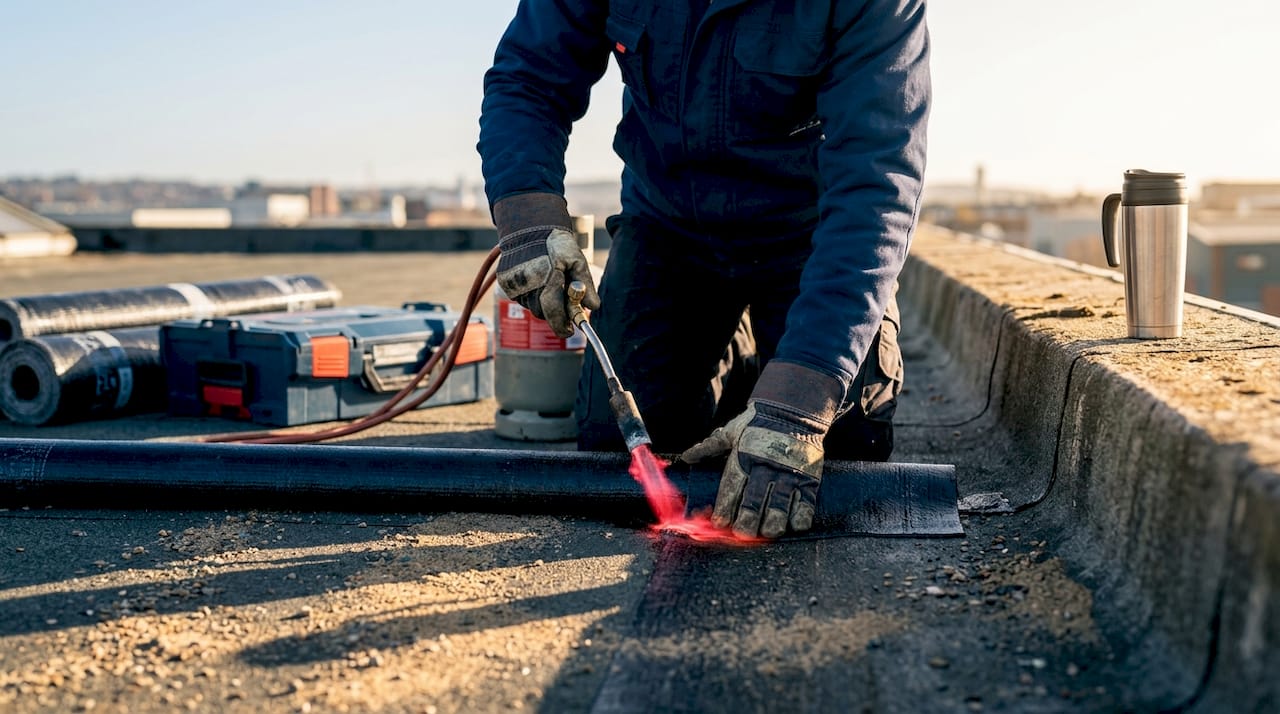 Applying torch to bitumen roof membrane