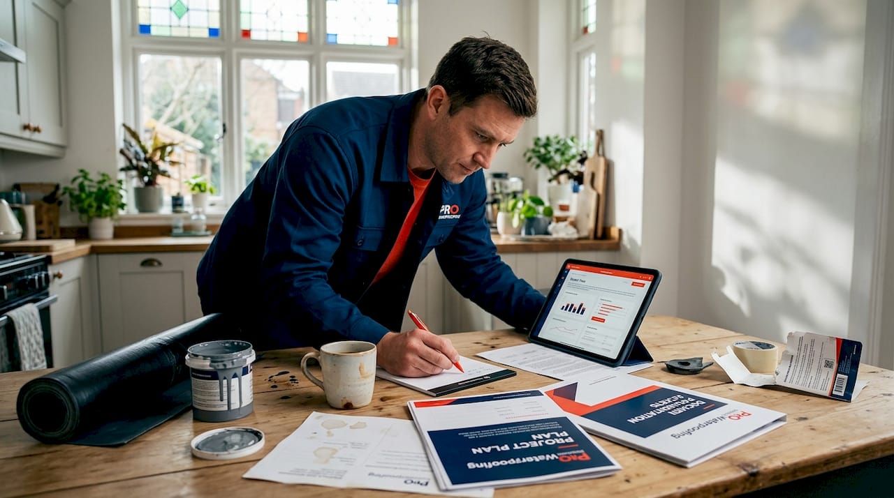 Contractor comparing membrane samples at kitchen table