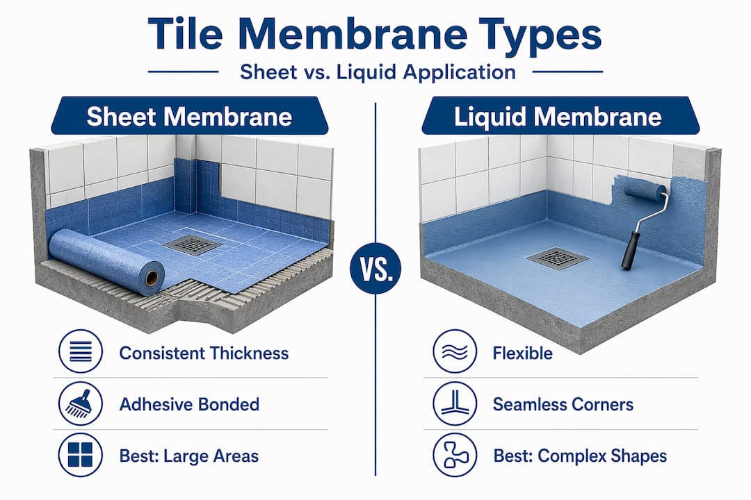 Infographic comparing sheet and liquid tile membranes