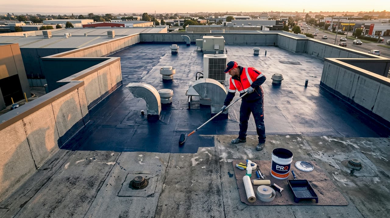 Worker applying seamless liquid waterproof membrane