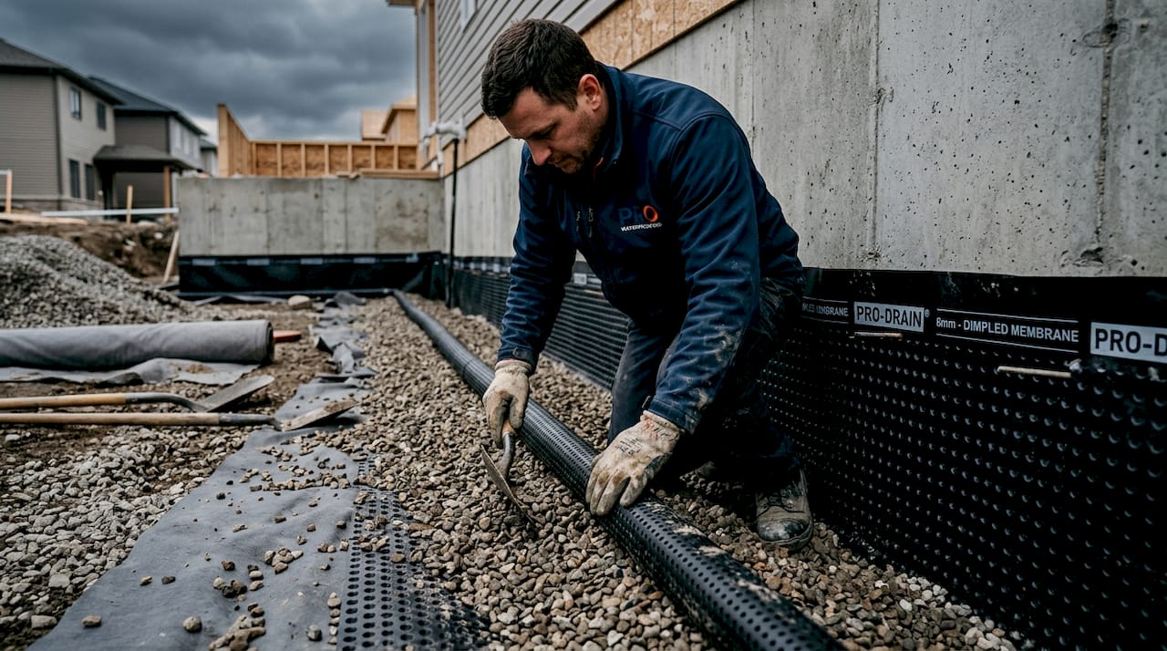 Close-up of perimeter drain installation