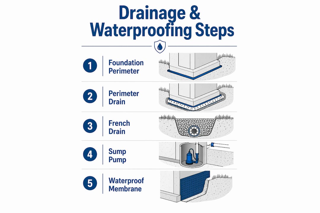 Infographic illustrating drainage and waterproofing steps