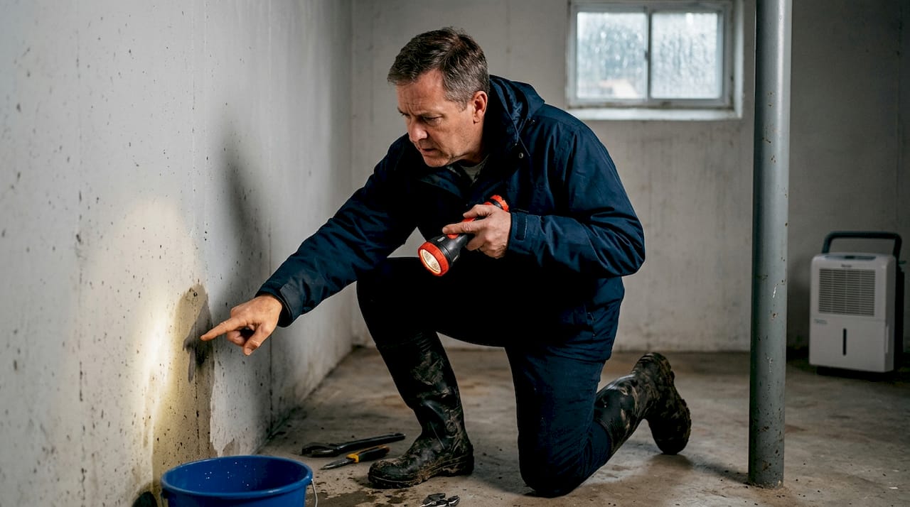 Homeowner inspecting basement leak during rain