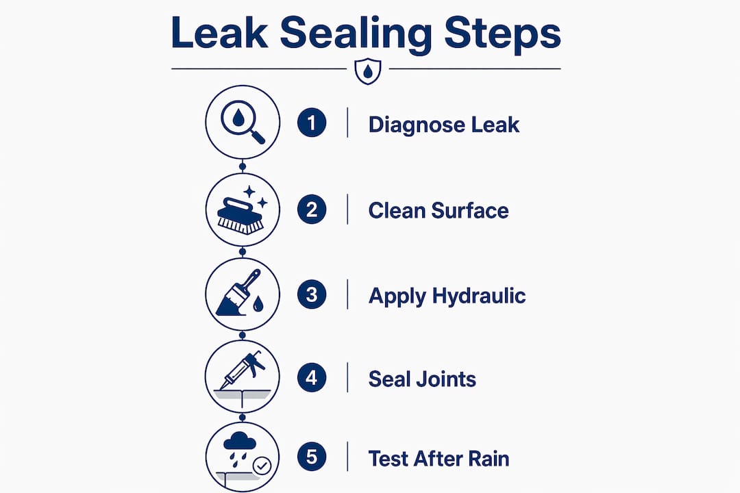 Infographic illustrating five steps to seal basement leaks
